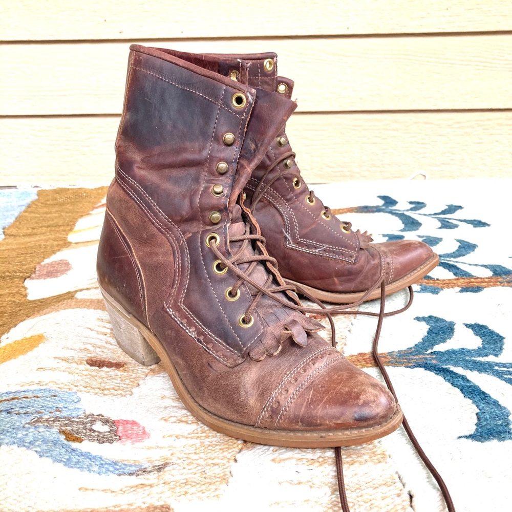 Genuine Leather Vintage Lace Up Heeled Boots